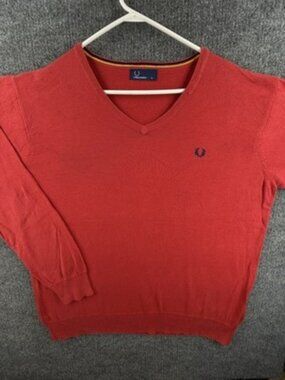Fred Perry Mens Cotton Long Sleeve Logo V-Neck XL Red Pullover Sweater Knit